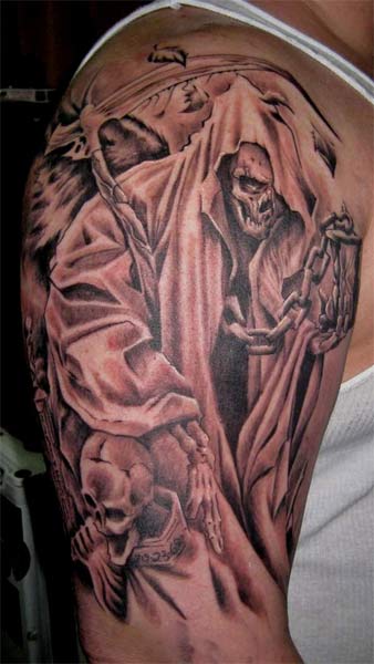 Cool Black Ink Grim Reaper Tattoo On Man Right Half Sleeve