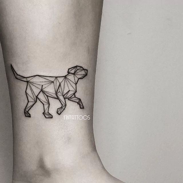 Cool Black Outline Geometric Dog Tattoo On Right Leg