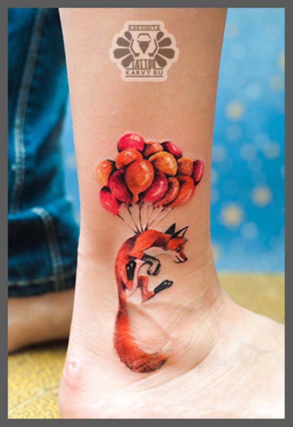 Cool Fox With Balloons Tattoo On Right Ankle