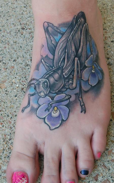 Cool Grasshopper With Flowers Tattoo On Girl Left Foot