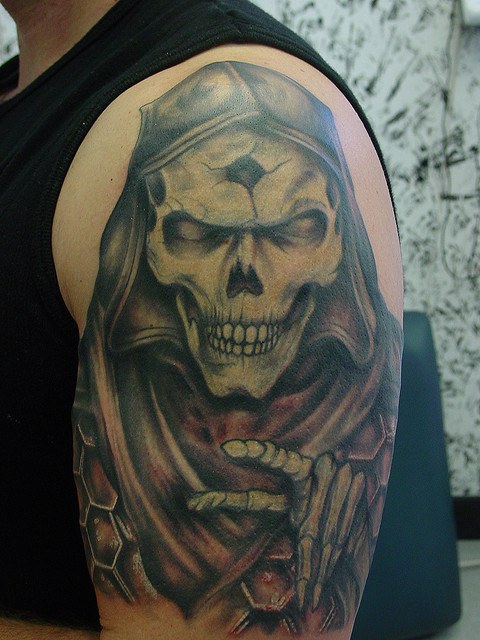 Cool Grim Reaper Tattoo On Man Left Shoulder