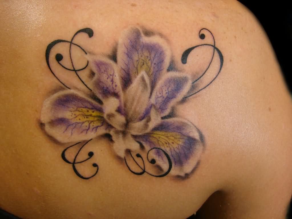 Cool Iris Flower Tattoo On Right Back Shoulder