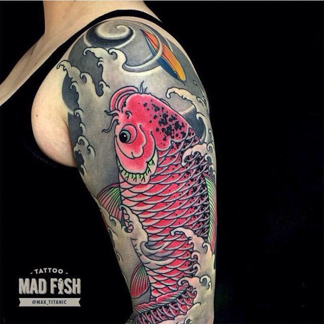 Cool Japanese Koi Fish Tattoo On Left Half Sleeve