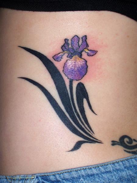 Cool Purple Ink Iris Flower Tattoo On Left Side Rib