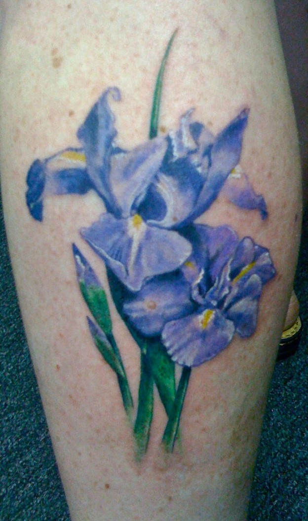 Cool Purple Ink Iris Flower Tattoo On Leg Calf By Allentattoo