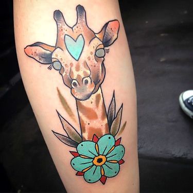 Cool Traditional Giraffe Head With Flower Tattoo On Forearm