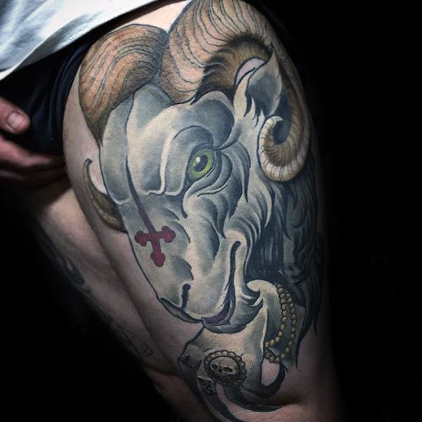 Cool Traditional Goat Head Tattoo On Left Thigh