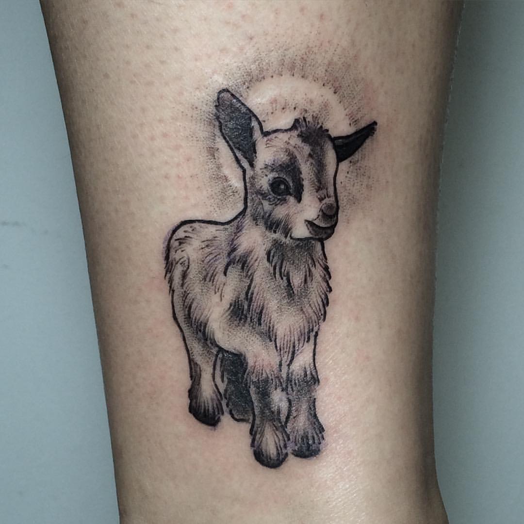 Cute Black Ink Goat Tattoo Design For Sleeve