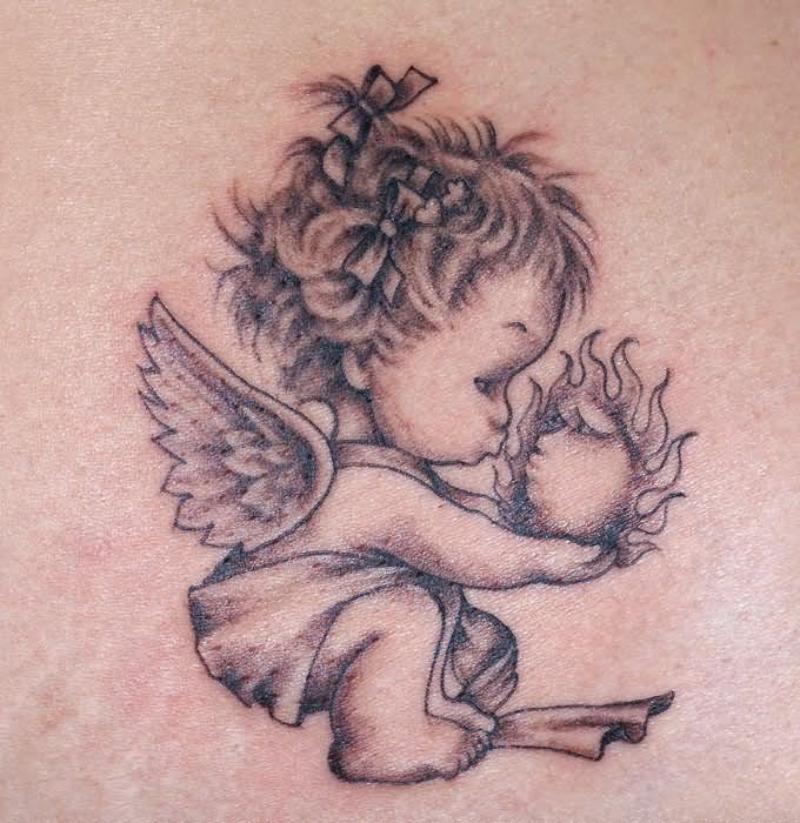 Cute Cherub Angel Kissing Flame Tattoo