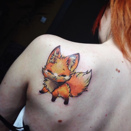 Cute Fox Tattoo On Left Back Shoulder
