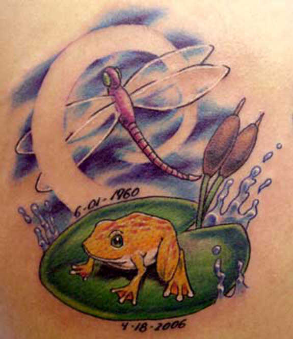 Cute Frog With Flying Dragonfly Tattoo Design