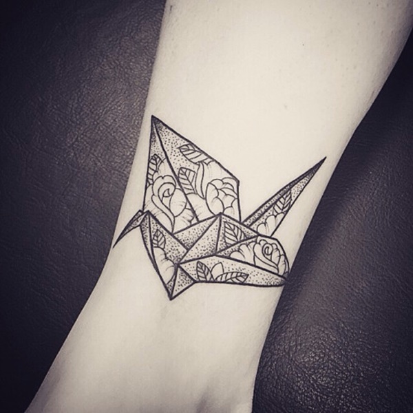 Dotwork Geometric Flying Paper Bird Tattoo On Sleeve