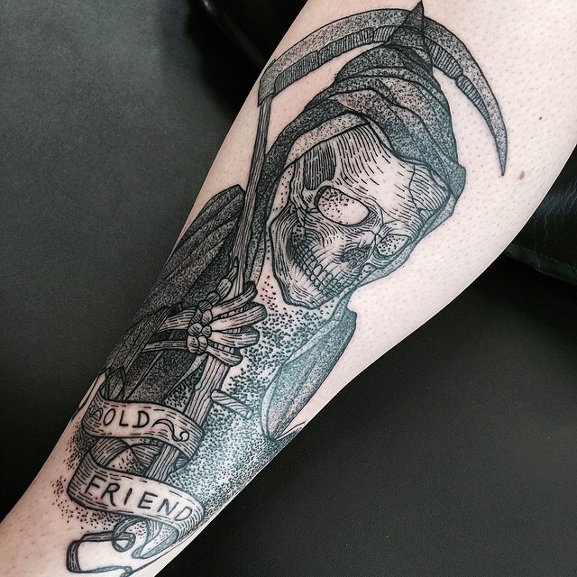 Dotwork Grim Reaper With Banner Tattoo Design For Sleeve