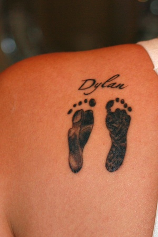 Dylan - Black Ink Footprints Tattoo On Left Back Shoulder