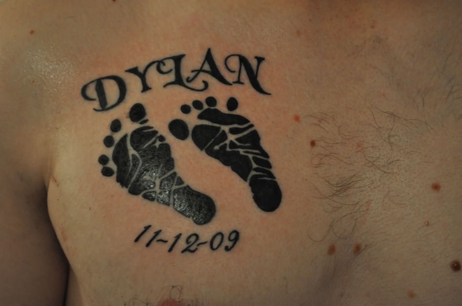Dylan – Memorial Footprints Tattoo On Man Right Chest