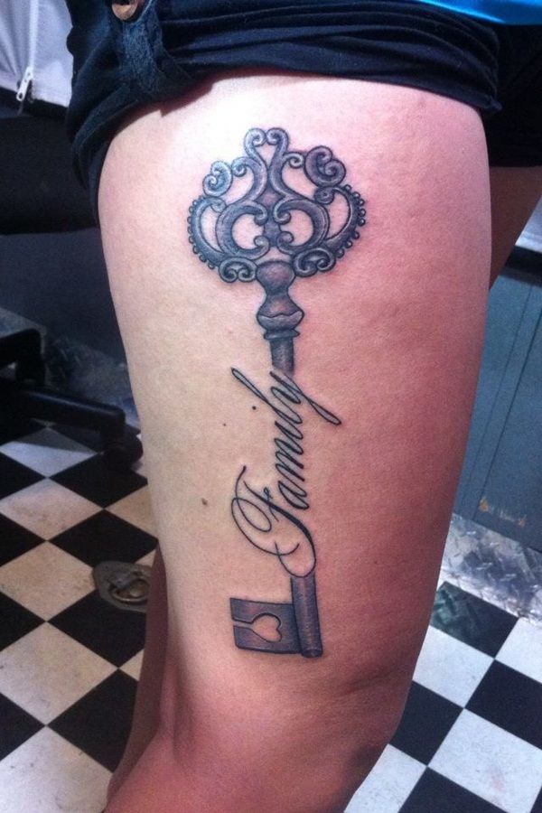 Family - Black Ink Key Tattoo On Right Side Thigh