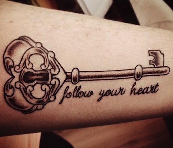Follow Your Heart - Cool Heart Shape Key Tattoo On Sleeve