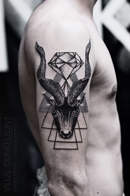 Geometric Goat Head With Diamond Tattoo On Man Right Half Sleeve