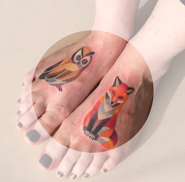 Geometric Owl With Fox Tattoo On Girl Both Feet