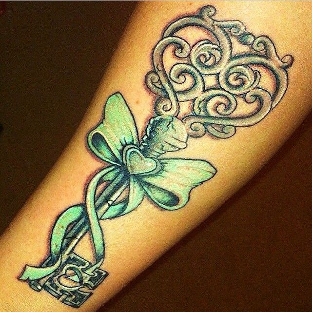 Green Ink Bow With Key Tattoo Design For Sleeve