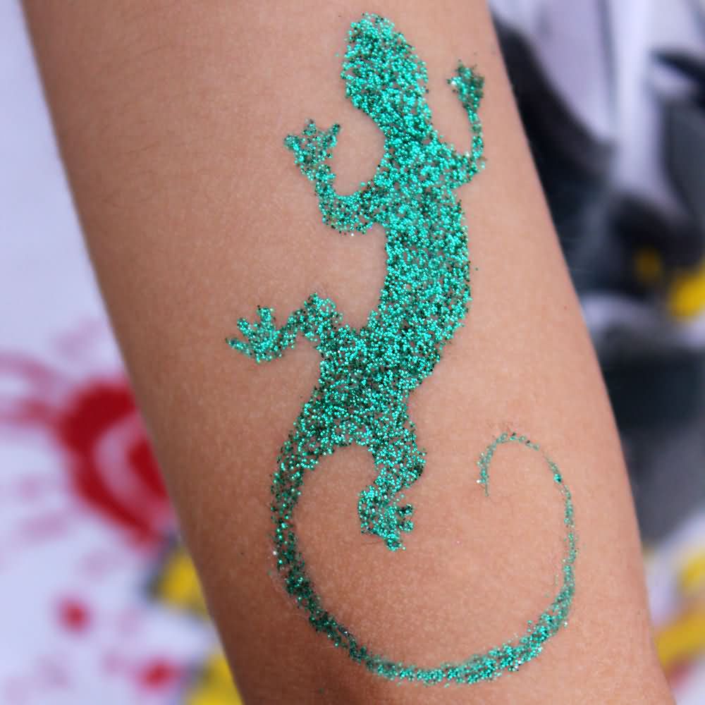 Green Ink Glitter Lizard Tattoo Design For Sleeve