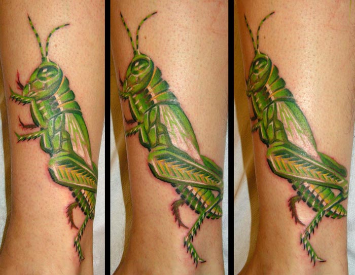 Green Ink Grasshopper Tattoo Design For Sleeve