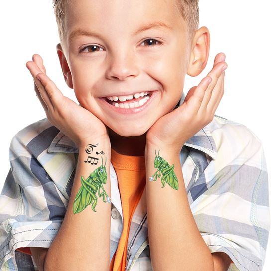 Green Ink Grasshopper Tattoo On Boy Both Side Wrist