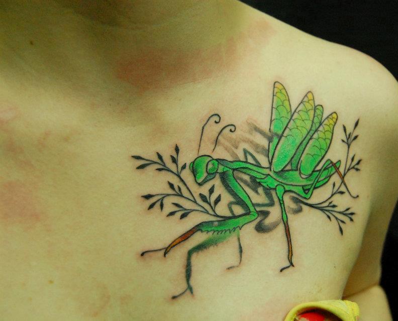 Green Ink Grasshopper Tattoo On Left Front Shoulder