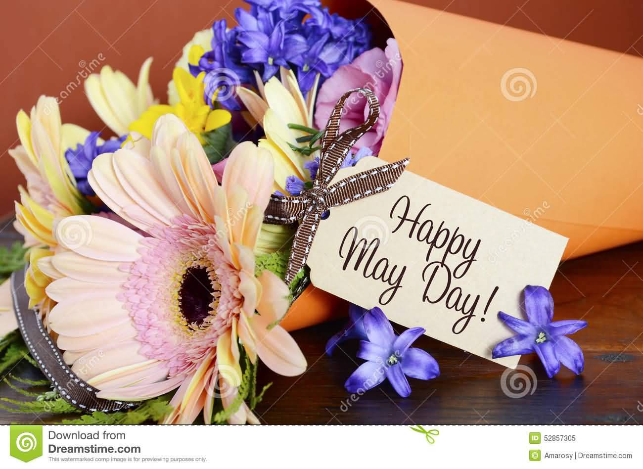 Happy May Day Note With Spring Flowers