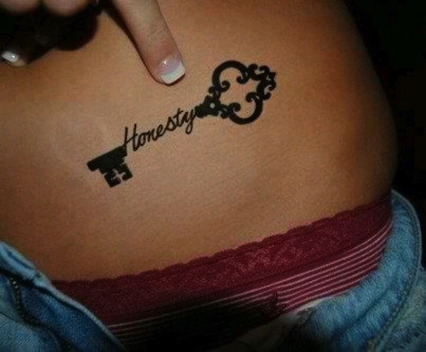 Honesty - Black Ink Key Tattoo On Girl Hip