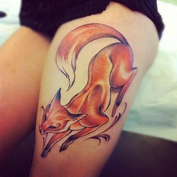 Impressive Fox Tattoo On Left Thigh