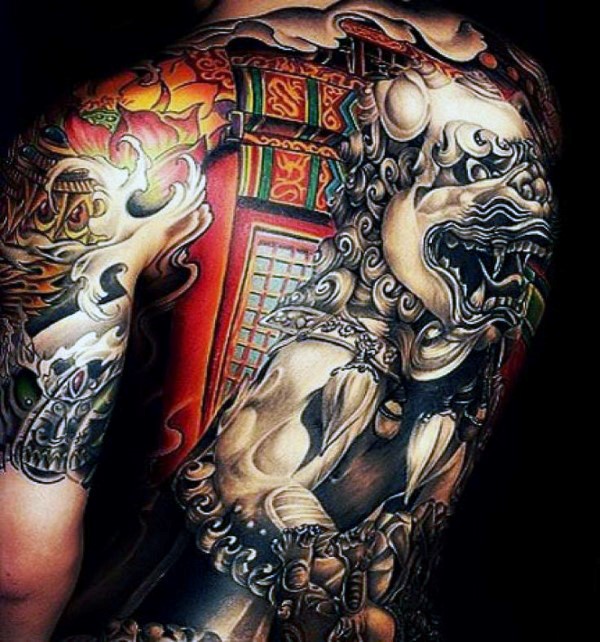 Japanese Foo Dog Tattoo On Man Full Back