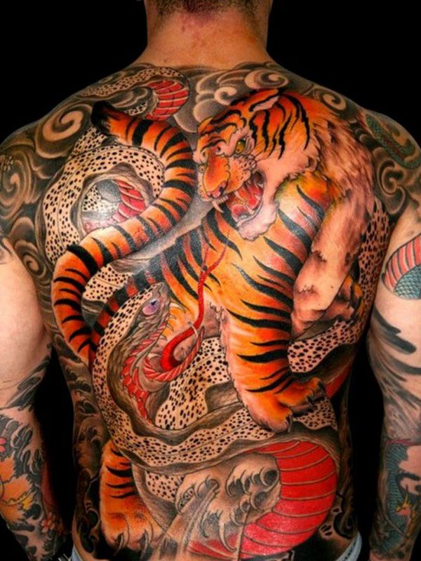 Japanese Tiger With Snake Tattoo On Man Full Back