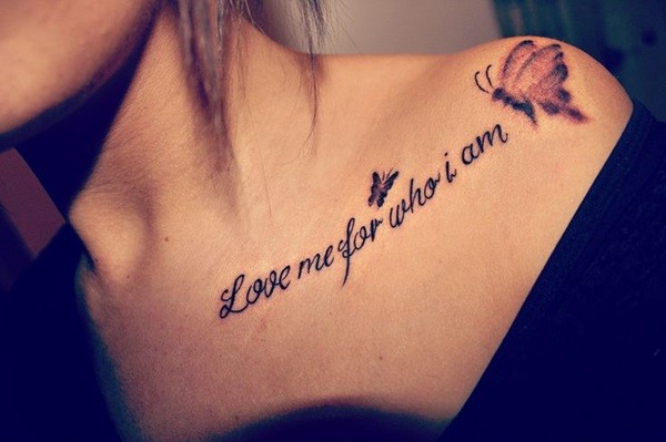 Love Me For Who I Am – Black Ink Flying Butterflies Tattoo On Girl Left Front Shoulder