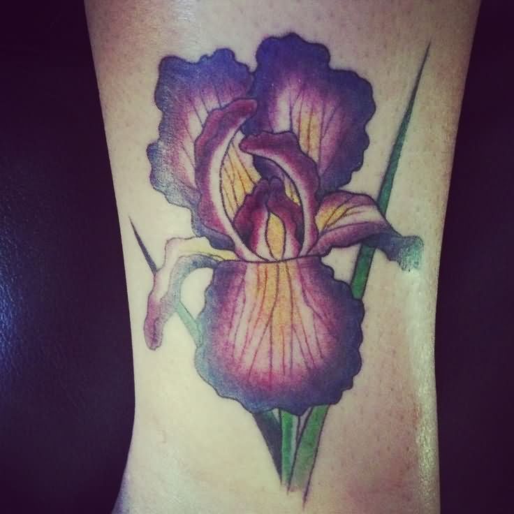 Purple Ink Iris Flower Tattoo Design For Leg