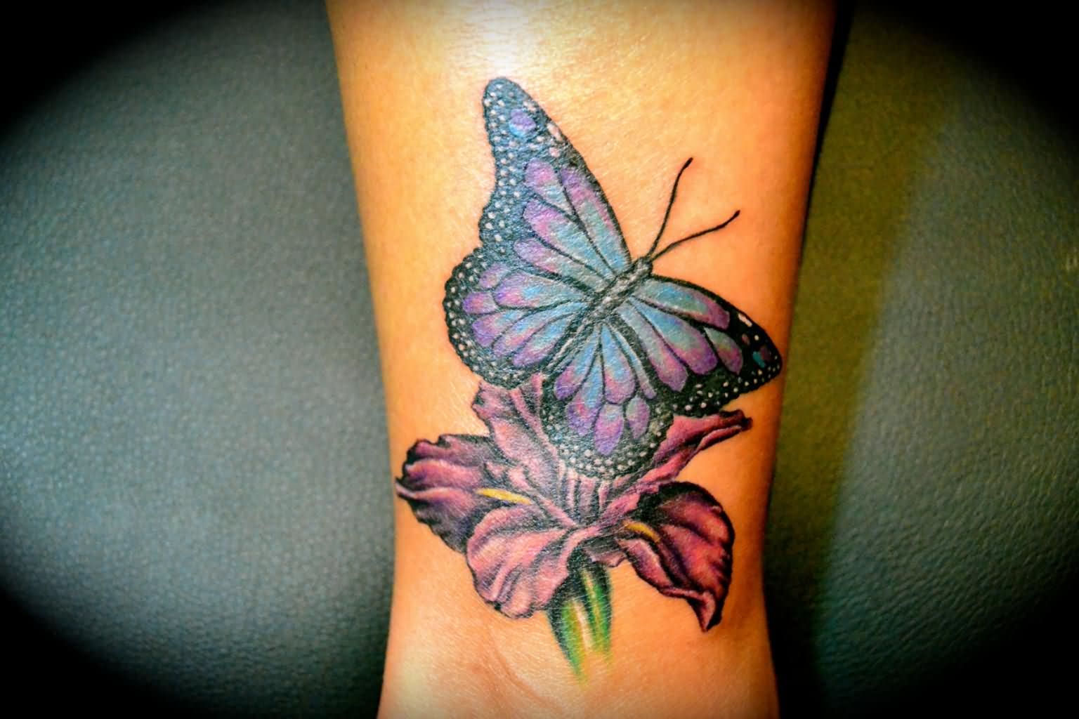 Purple Ink Iris Flower With Butterfly Tattoo Design For Sleeve