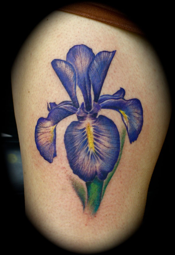 Purple Ink Iris Tattoo On Right Thigh