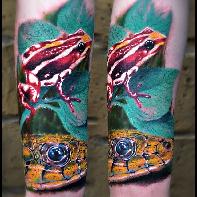 Realistic 3D Frog With Snake Tattoo On Forearm