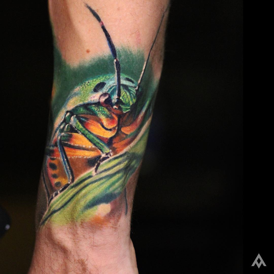 Realistic Grasshopper Tattoo Design For Leg