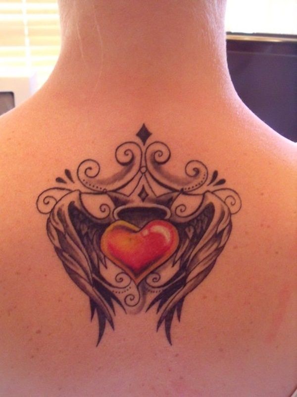 Red Heart With Angel Wings Tattoo On Upper Back