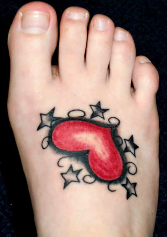 Red Heart With Stars Tattoo On Right Foot
