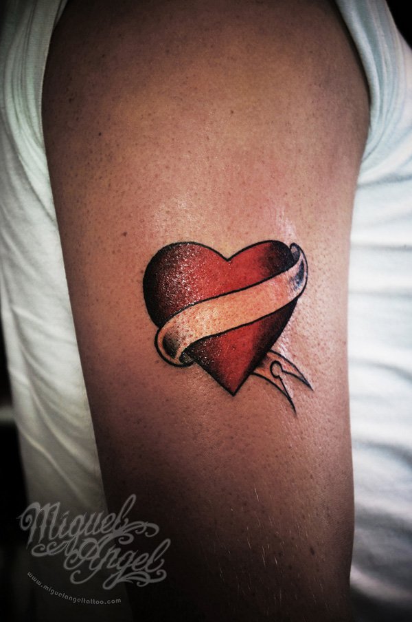 Red Ink Heart With Ribbon Tattoo On Right Half Sleeve
