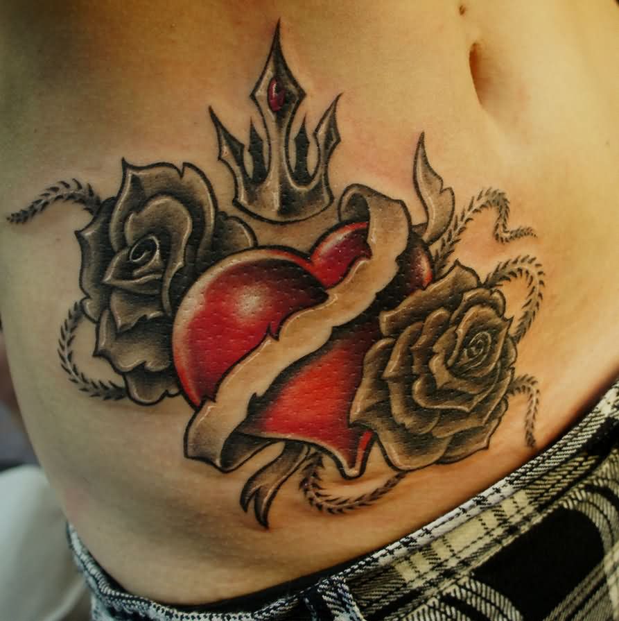 Red Ink Heart With Roses And Ribbon Tattoo On Man Right Side Rib