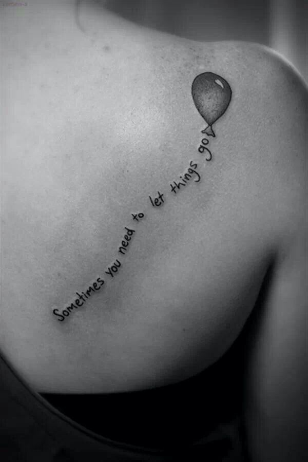 Sometimes You Need To Let Things Go – Black Ink Balloon Tattoo On Right Back Shoulder