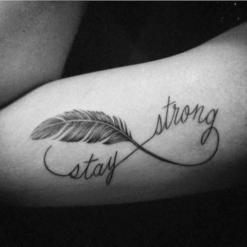 Stay Strong - Black Ink Feather Infinity Tattoo Design For Sleeve