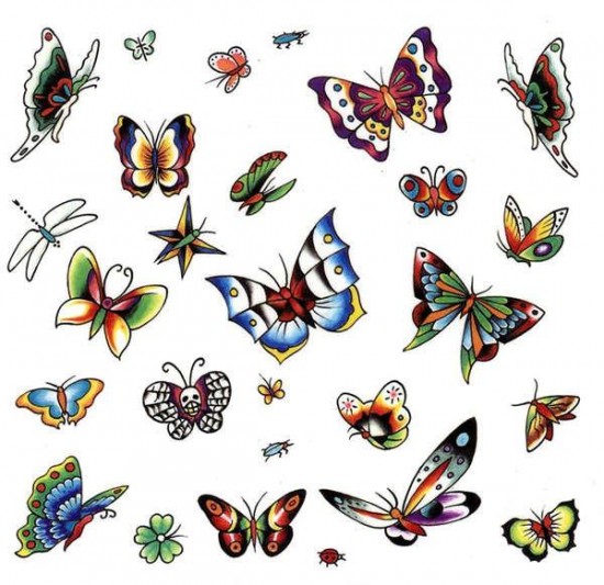Traditional Colorful Flying Butterflies Insect Tattoo Design