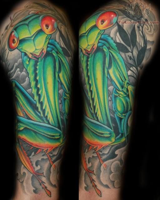 Traditional Colorful Grasshopper Tattoo On Left Half Sleeve