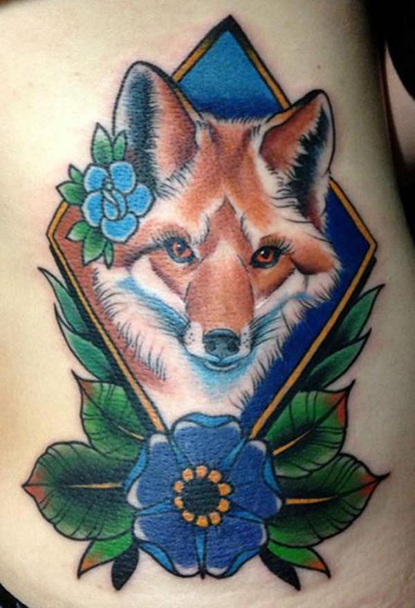 Traditional Fox With Flower Tattoo Design