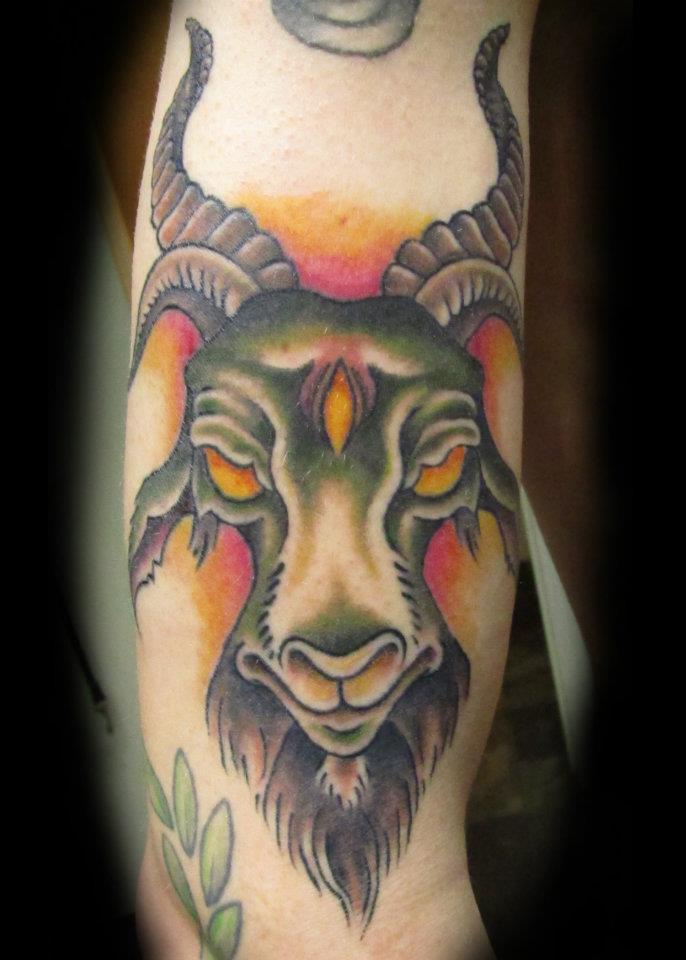 Traditional Goat Head Tattoo On Half Sleeve