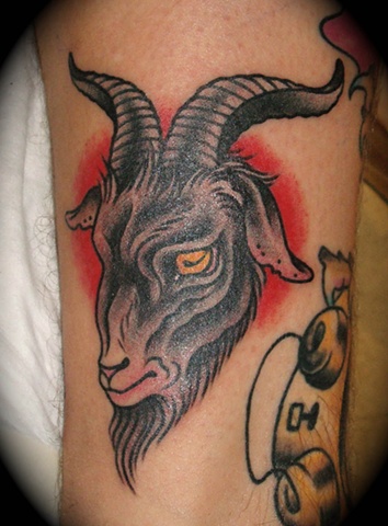 Traditional Goat Head Tattoo On Left Half Sleeve
